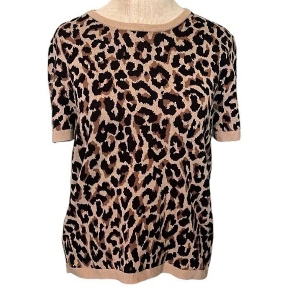 J.Crew short sleeve crew neck sweater blouse all over animal print, tan/brown